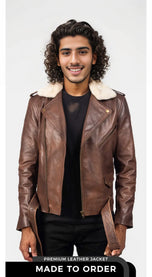 Urban Rider Men's Brown Fur Collar Leather Biker Jacket front view