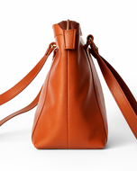 Tan leather handbag with a strap on a white background