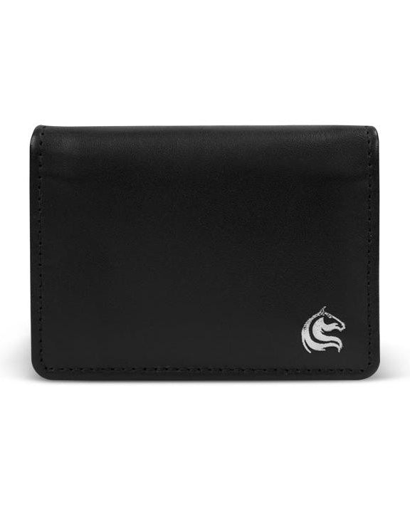 Black leather wallet with a logo on a white background