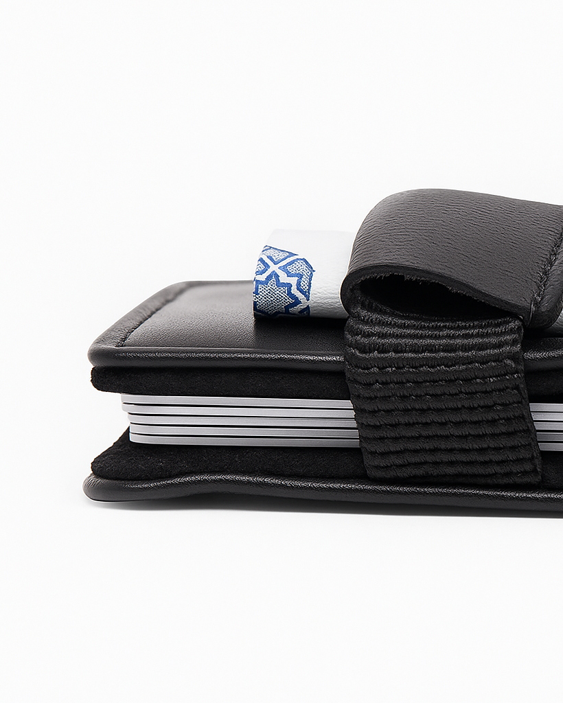 Black wallet with a strap closure on a white background