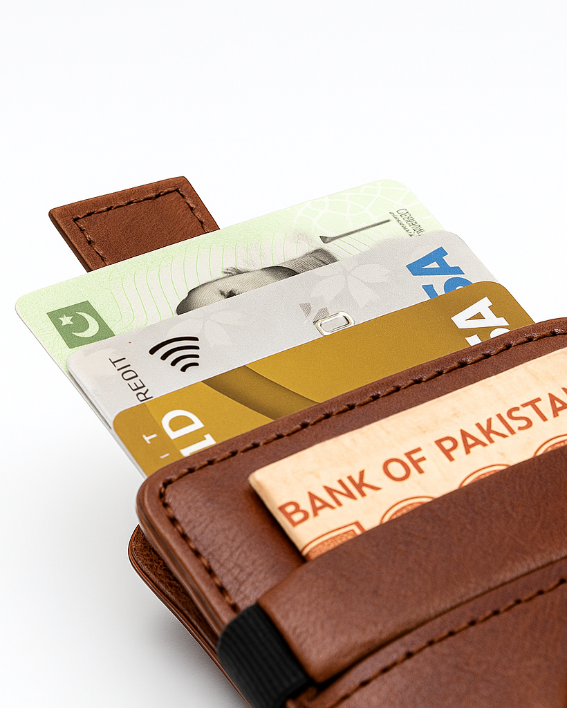 Brown leather wallet with Bank of Pakistan currency and cards on a white background