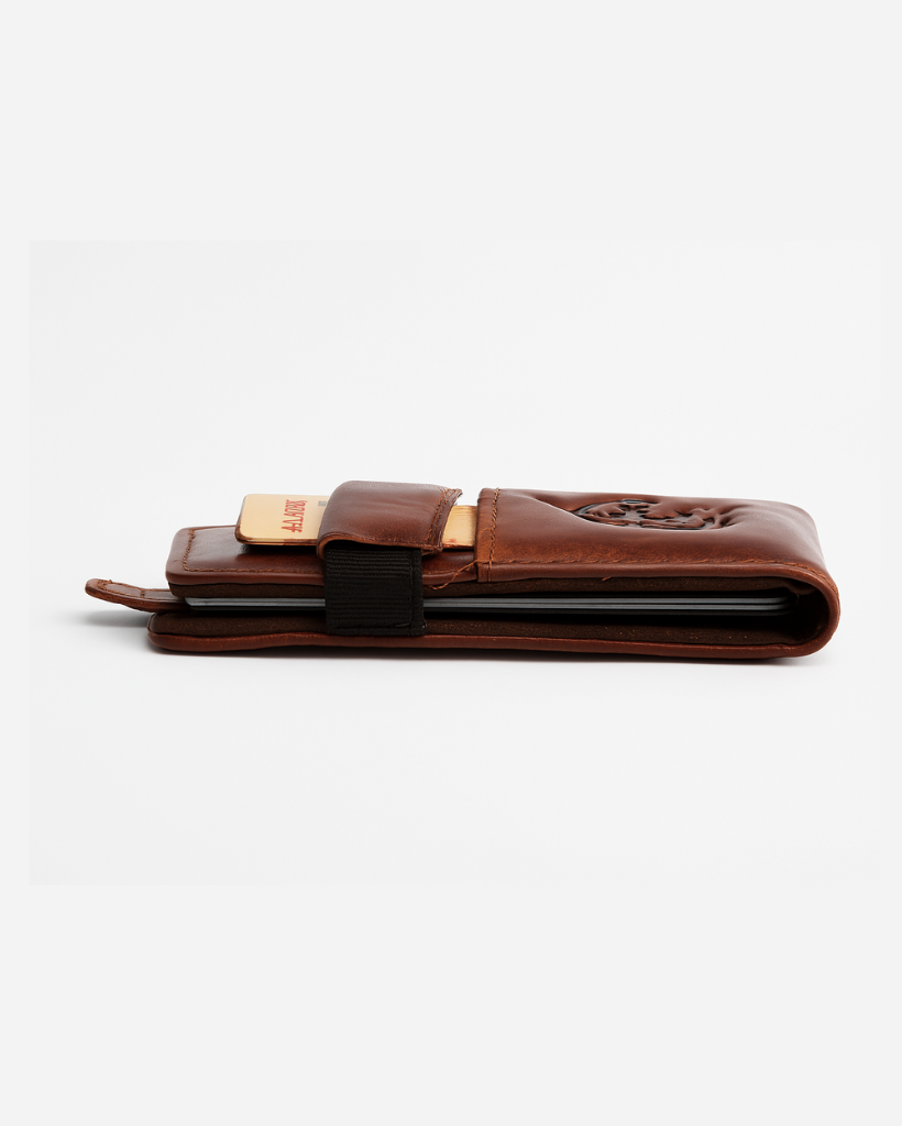 Brown leather wallet with gold accents on a white background