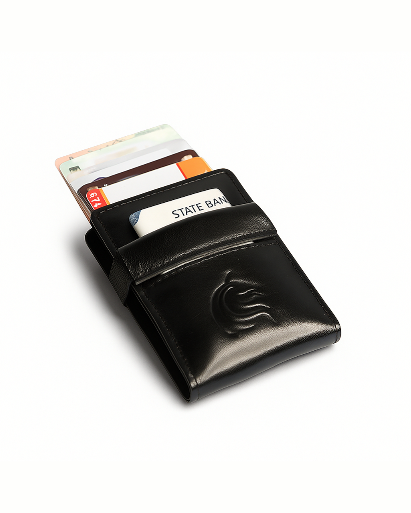 Black wallet with card holder on a white background
