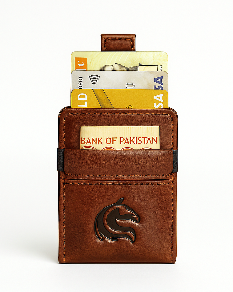 Brown leather wallet with card slots on a white background