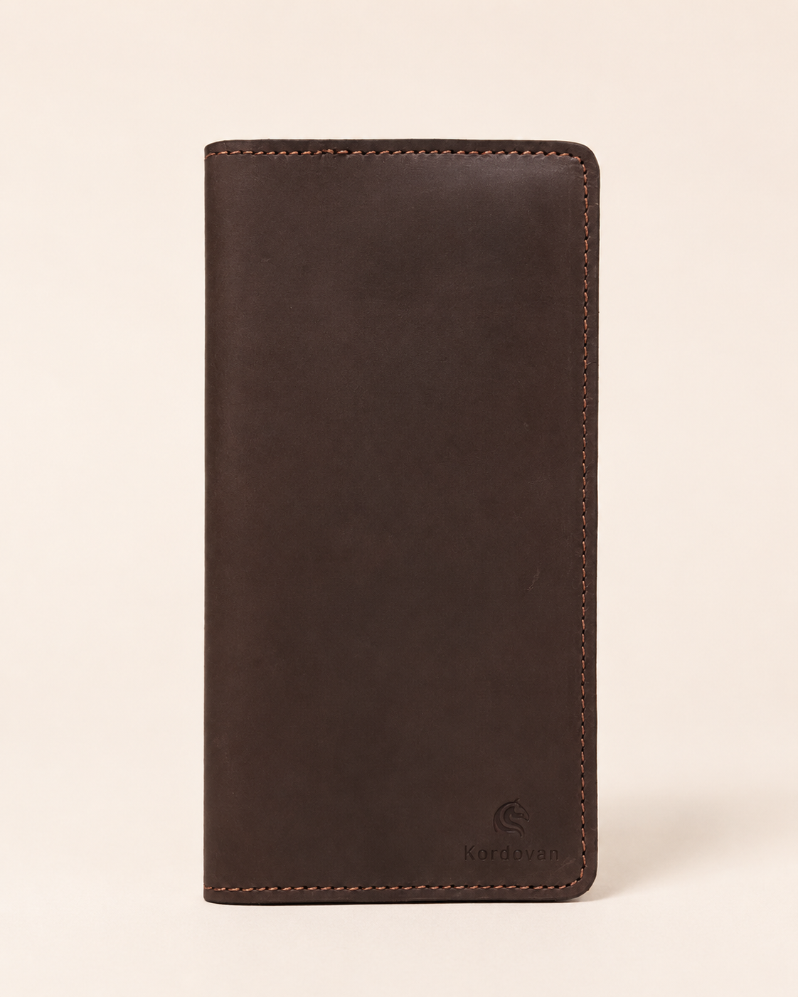 Crazy Horse long wallet in dark brown leather — front view | Kordovan Pakistan
