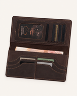 Dark brown Crazy Horse long wallet open — card slots, ID window and unfolded bill sections