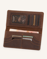 Crazy Horse long wallet open — 11 card slots, ID window and two full-size bill compartments