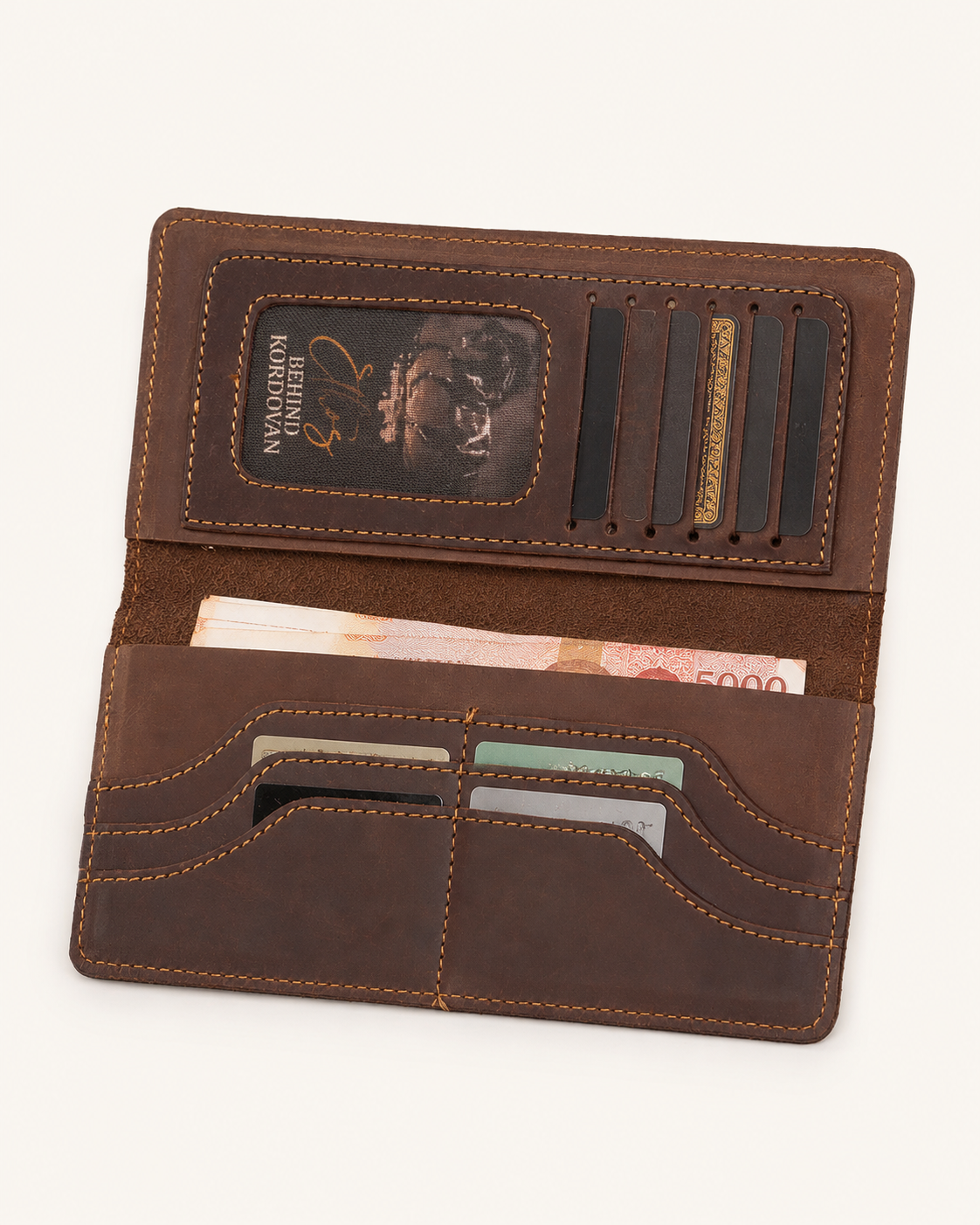 Crazy Horse long wallet open — 11 card slots, ID window and two full-size bill compartments