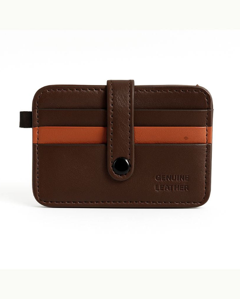 Brown leather wallet with orange stripe on a white background