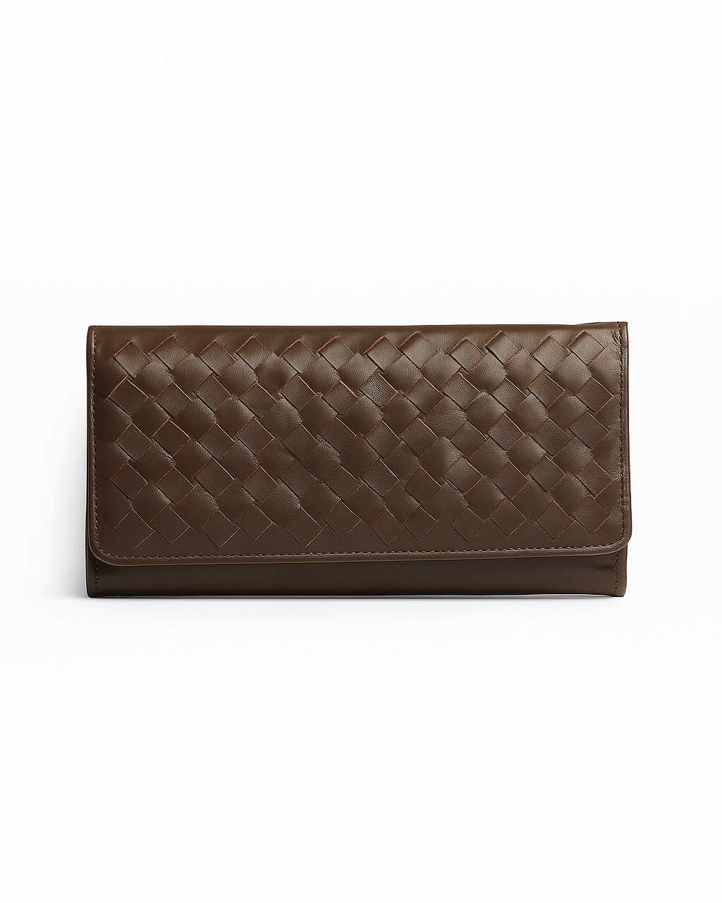 Brown quilted clutch bag on a white background