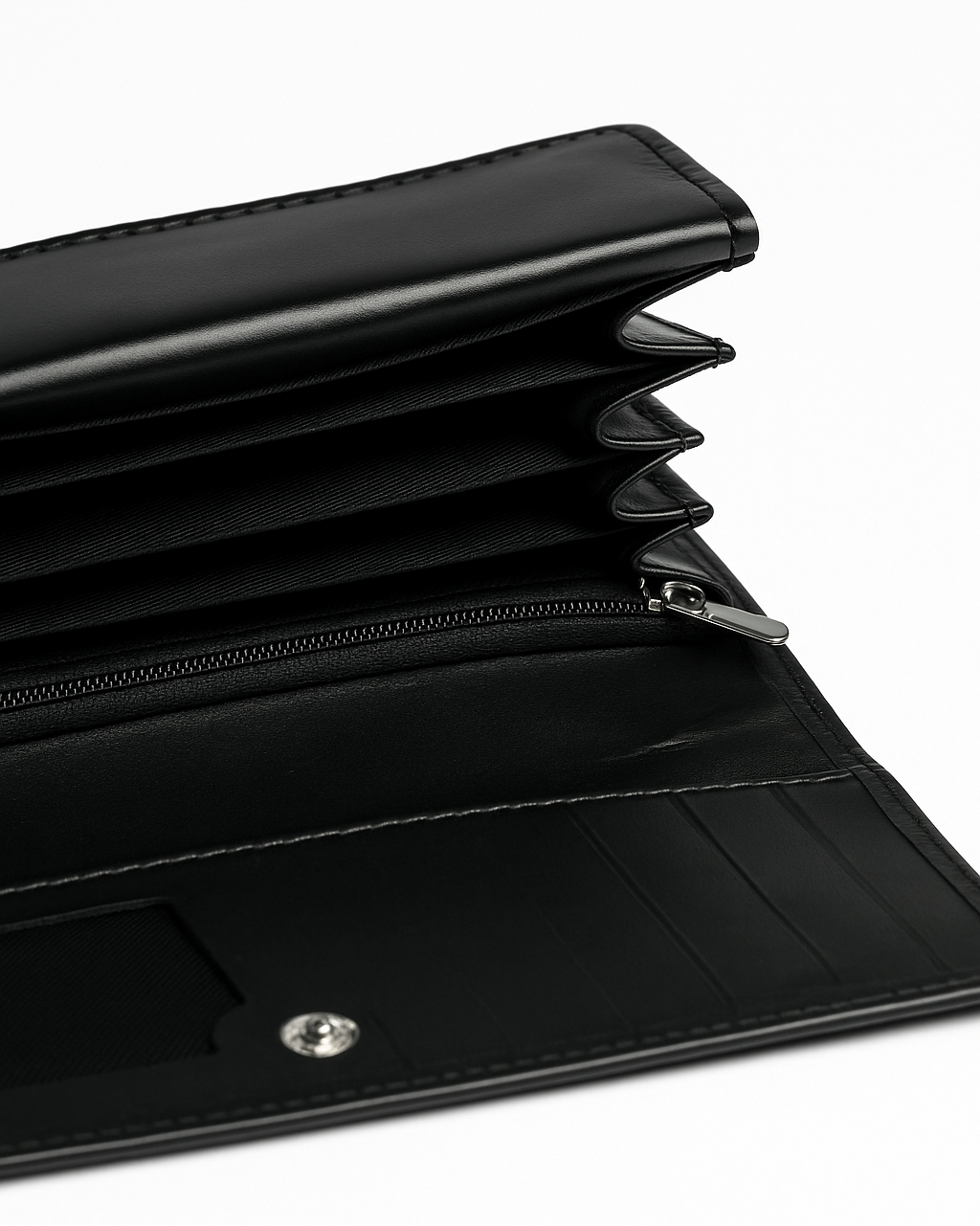 Black wallet with a zipper on a white background