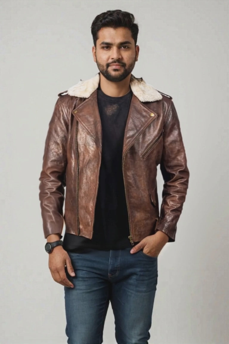 Urban Rider | Men's Brown Fur Collar Leather Biker Jacket