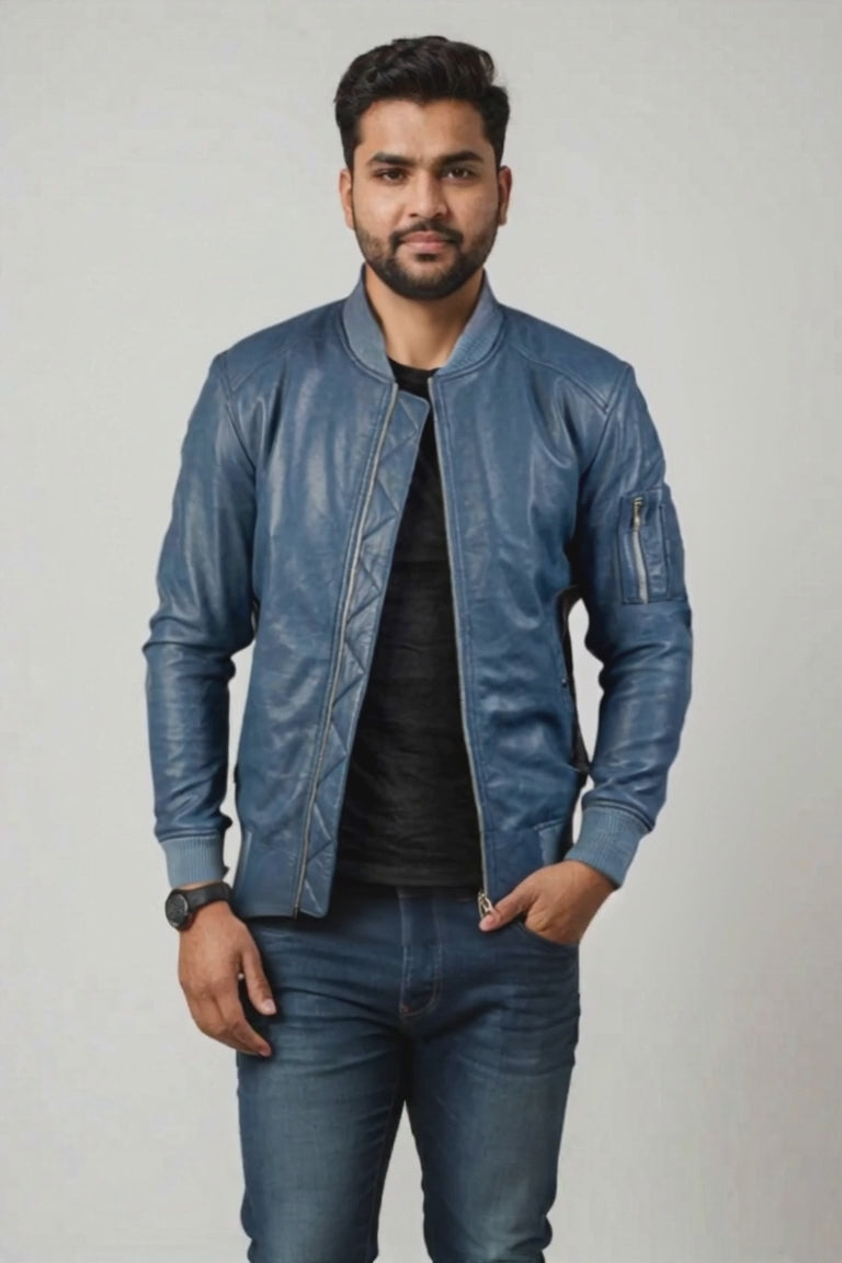 Cobalt | Men's Blue Leather Bomber Jacket