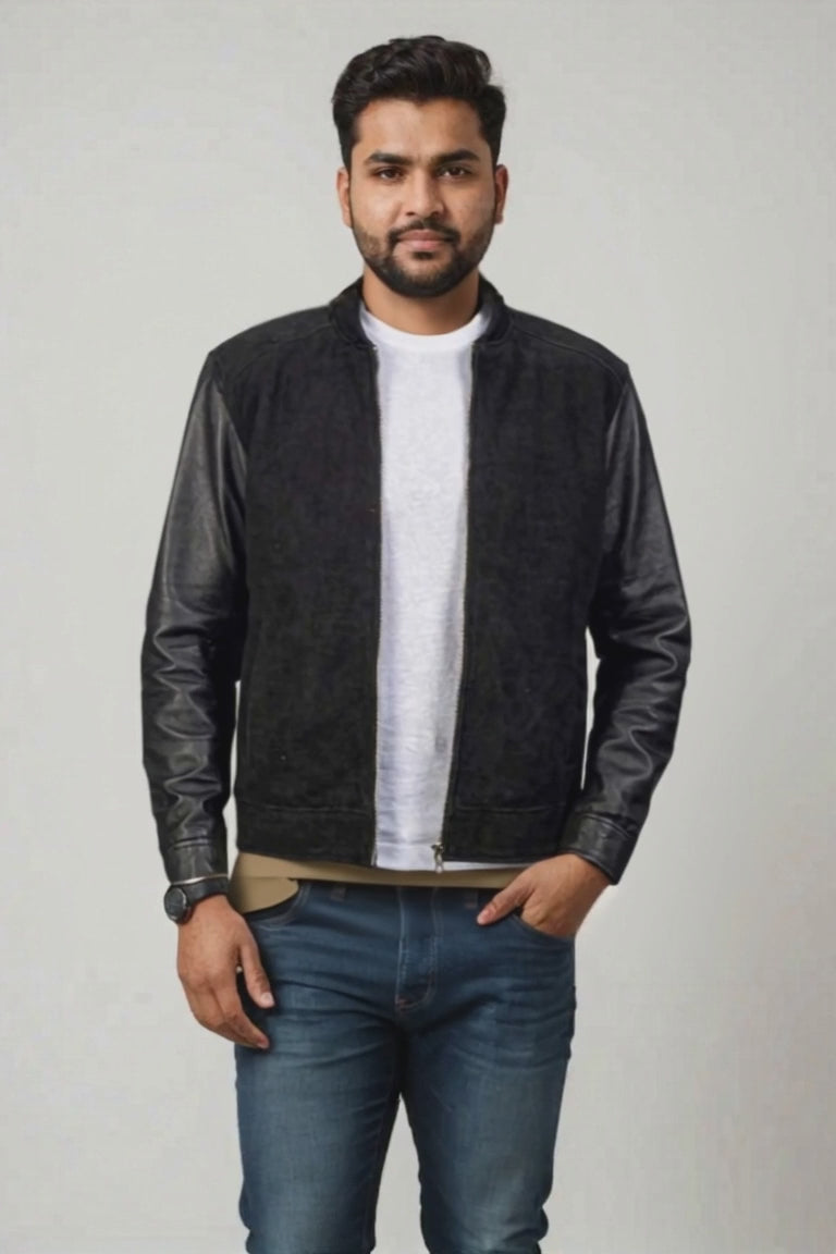 The Apex | Men's Black Plain Suede Hybrid Bomber Jacket