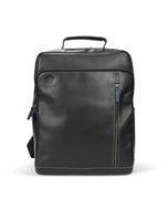 A black Sheffield backpack made from crazy horse cow leather, featuring multiple pockets and a zipper compartment.