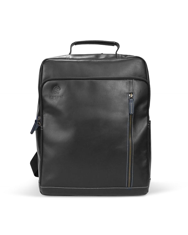 A black Sheffield backpack made from crazy horse cow leather, featuring multiple pockets and a zipper compartment.
