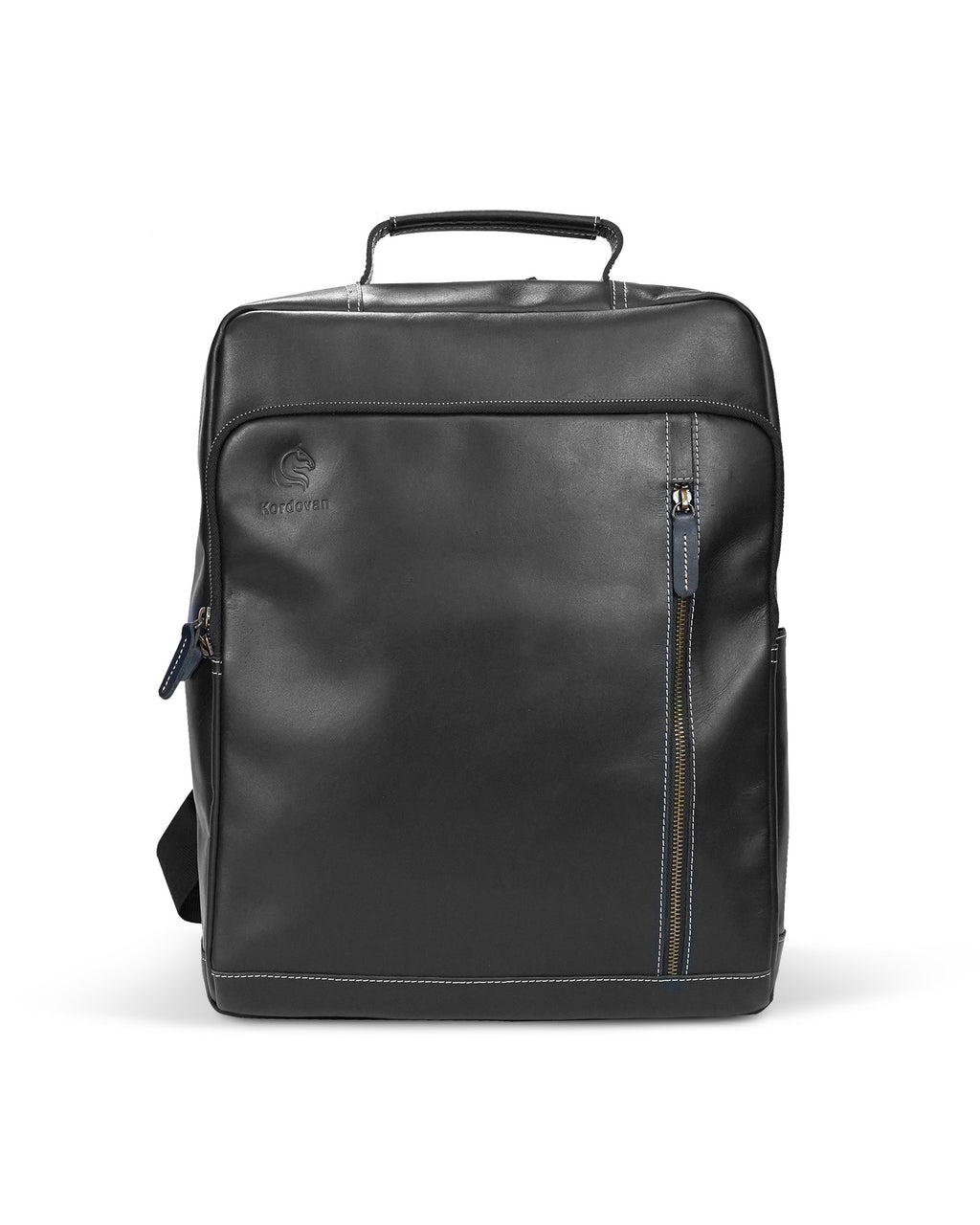 A black Sheffield backpack made from crazy horse cow leather, featuring multiple pockets and a zipper compartment.