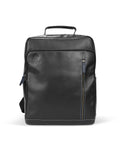 A black Sheffield backpack made from crazy horse cow leather, featuring multiple pockets and a zipper compartment.