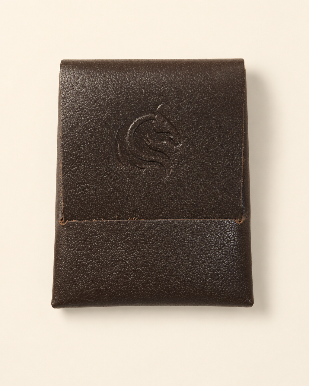 The Seamless stitch-less leather card wallet in brown — front view | Kordovan Pakistan