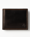 Black leather wallet with stitching detail on a white background