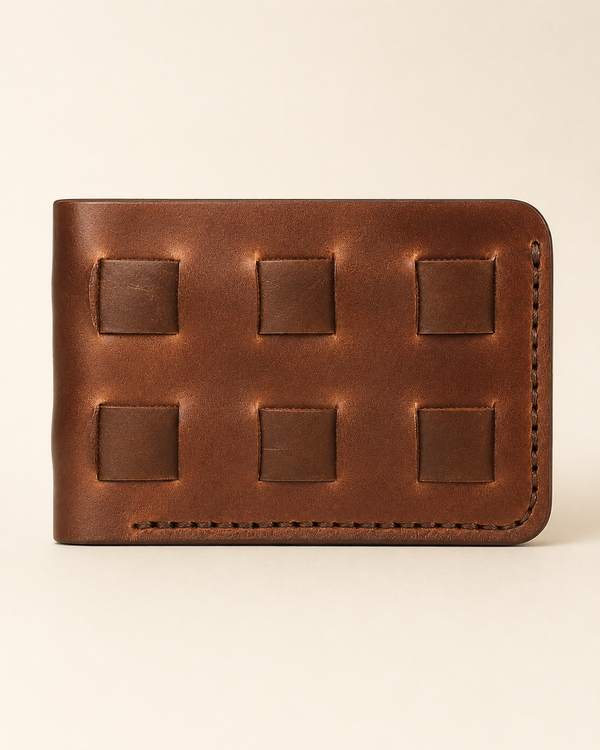 The Stallion handwoven full-grain leather wallet in brown — front view | Kordovan Pakistan