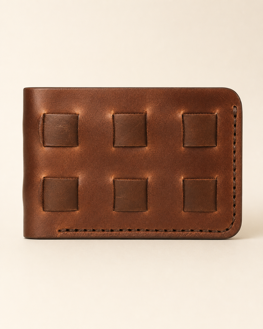 The Stallion handwoven full-grain leather wallet in brown — front view | Kordovan Pakistan