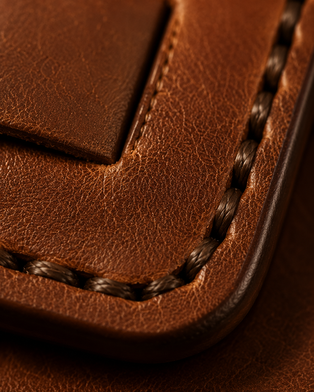 Close-up of the handwoven full-grain brown leather on the Stallion wallet