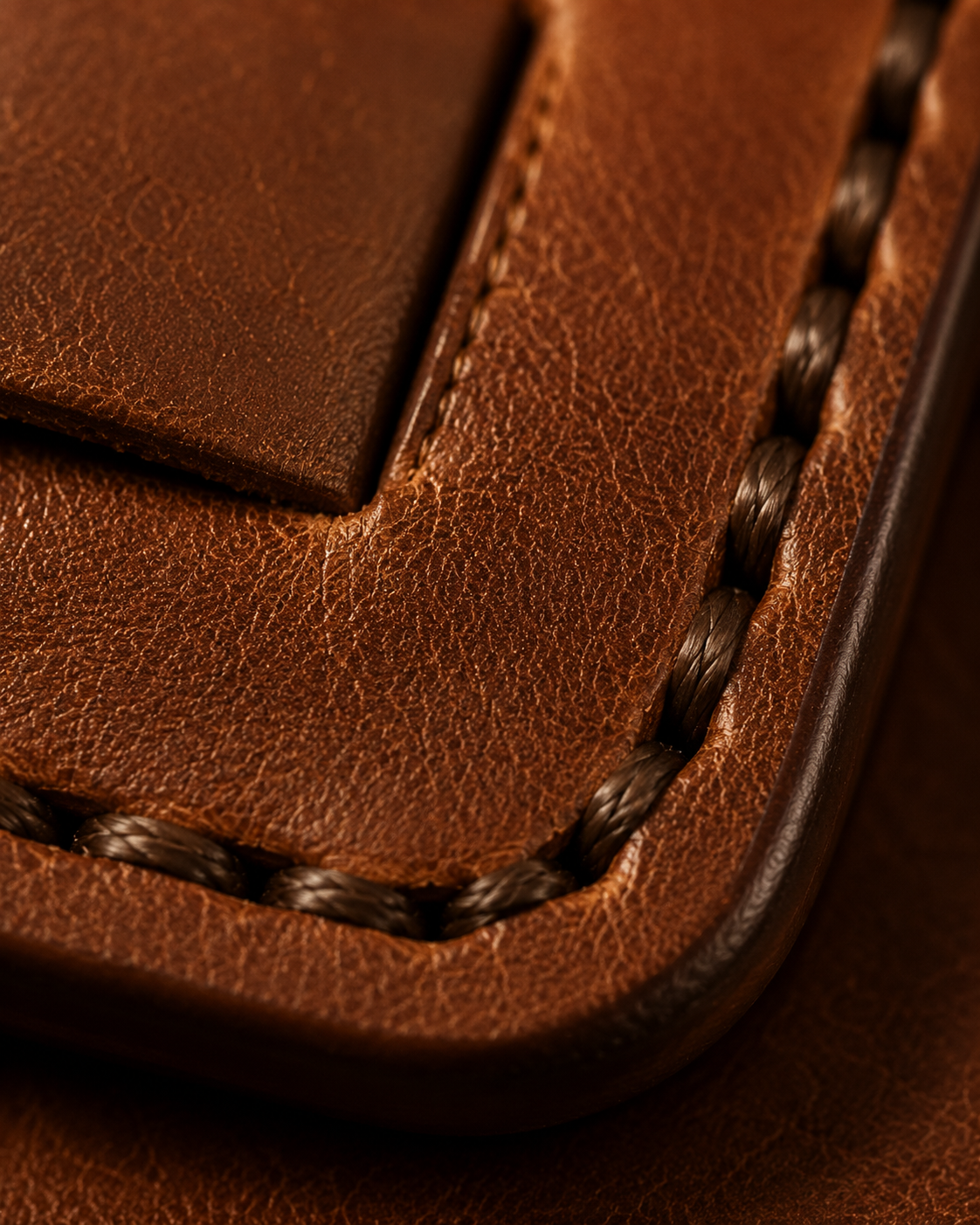 Close-up of the handwoven full-grain brown leather on the Stallion wallet