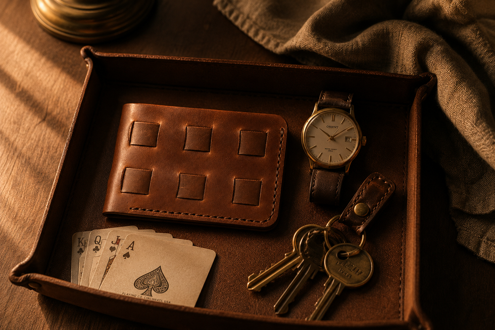 Brown Stallion woven wallet on a walnut desk — Kordovan