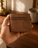 Truckkr crazy horse leather bifold held in hand