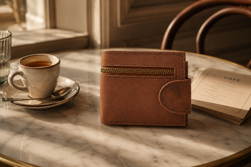 Truckkr crazy horse bifold wallet on a walnut desk — Kordovan