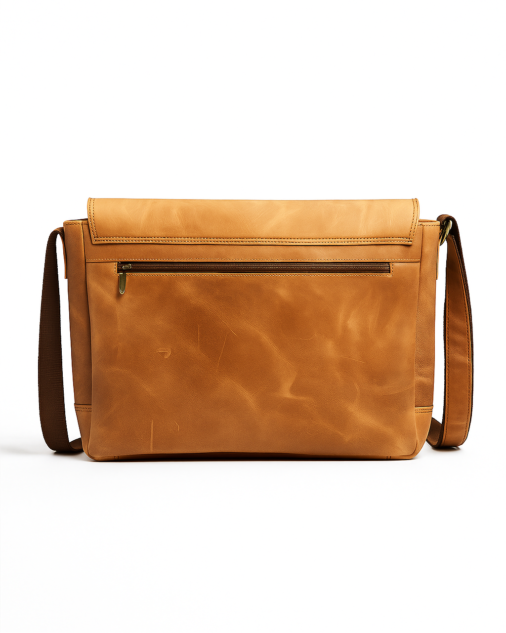 Brown leather messenger bag on a white background