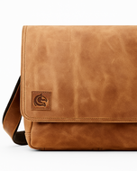 Brown leather bag with a visible brand logo on a white background