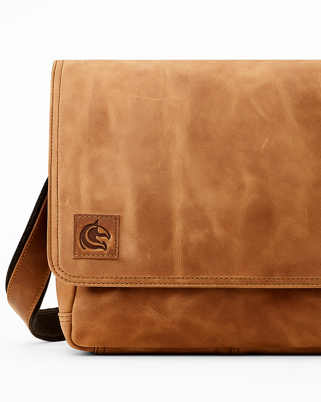 Brown leather bag with a visible brand logo on a white background