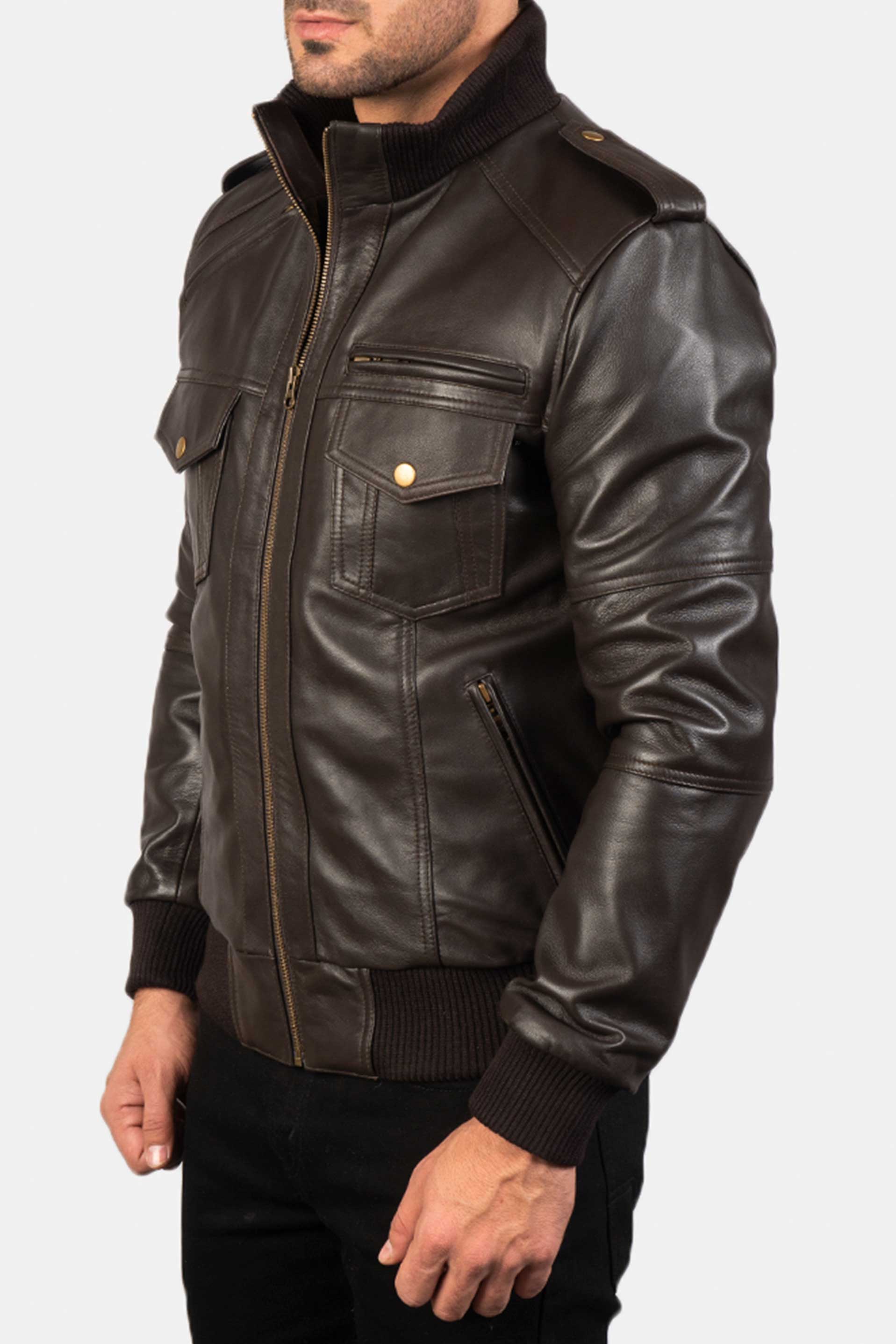 Spy Brown Leather Bomber Jacket