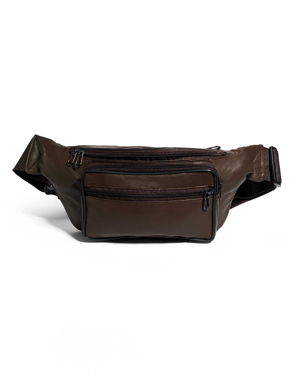 A brown unisex leather crossbody fanny pack with multiple pockets and an adjustable strap, displayed against a white background.
