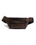 A brown unisex leather crossbody fanny pack with multiple pockets and an adjustable strap, displayed against a white background.