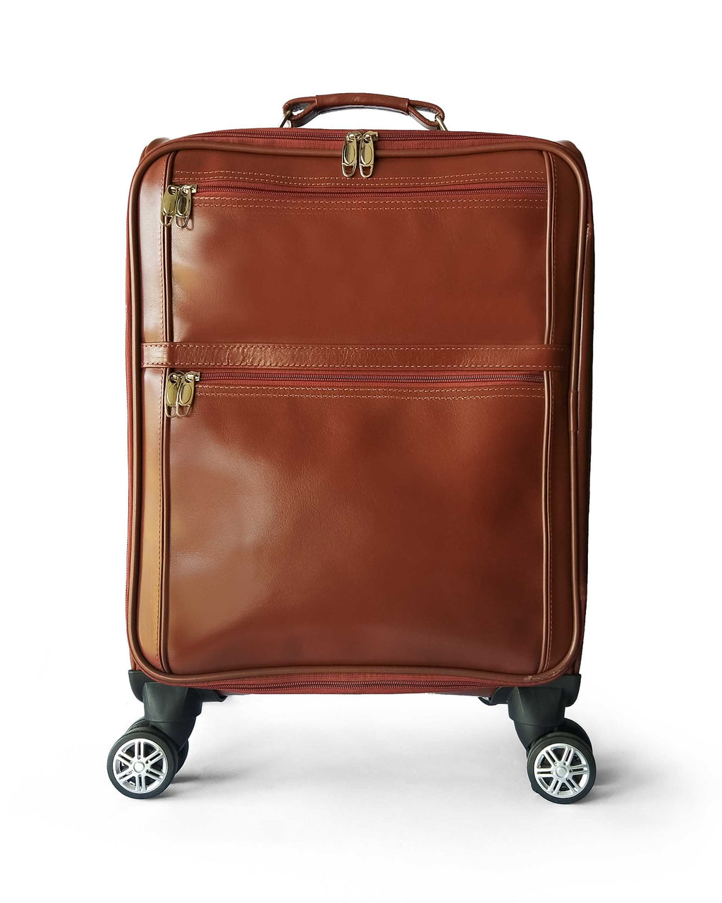 A brown leather cabin trolley bag with zipped external pockets, four wheels, and a soft top handle.
