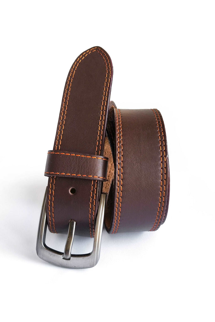 Men's Double Stitched Casual Leather Belt // Dark Brown - Kordovan