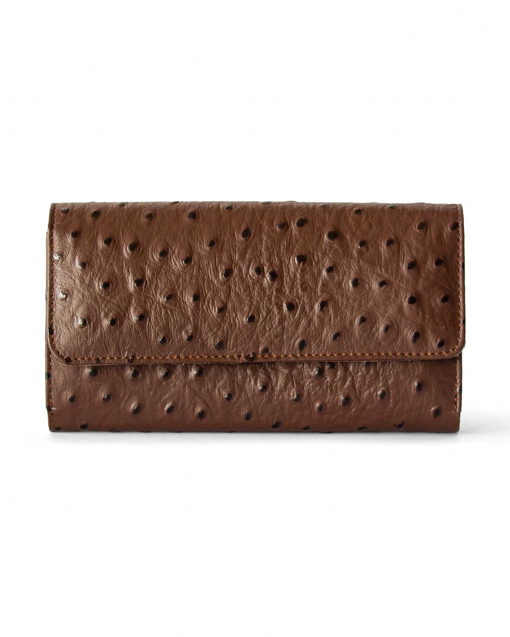 A brown cow leather clutch with an ostrich pattern, featuring multiple compartments and a tuck lock closure.