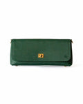 A green Saffiano leather clutch with a metal chain shoulder strap, displayed against a plain background.