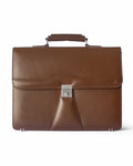 A brown leather laptop bag with a secure tab closure and multiple compartments, including a padded section for a laptop, a documents section, and an outside organizer pocket.