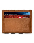 A brown leather magic wallet with several cards inserted, displayed against a white background.