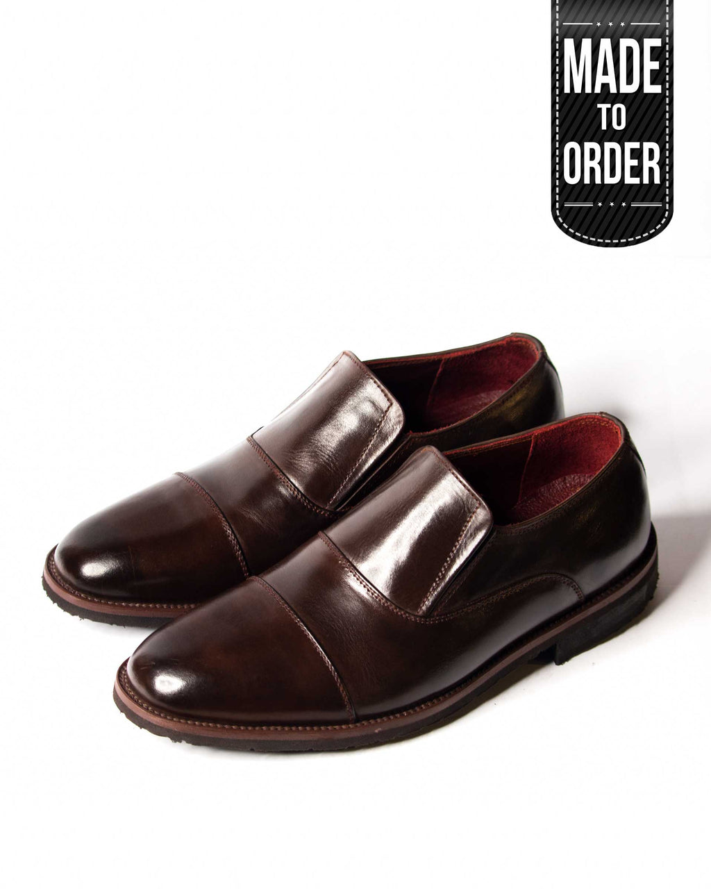 A pair of brown Kordovan leather slip-on Oxford shoes displayed against a white background with a 'Made to Order' label.
