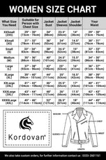 Women's leather jacket size chart with chest, shoulder and length measurements | Kordovan Pakistan
