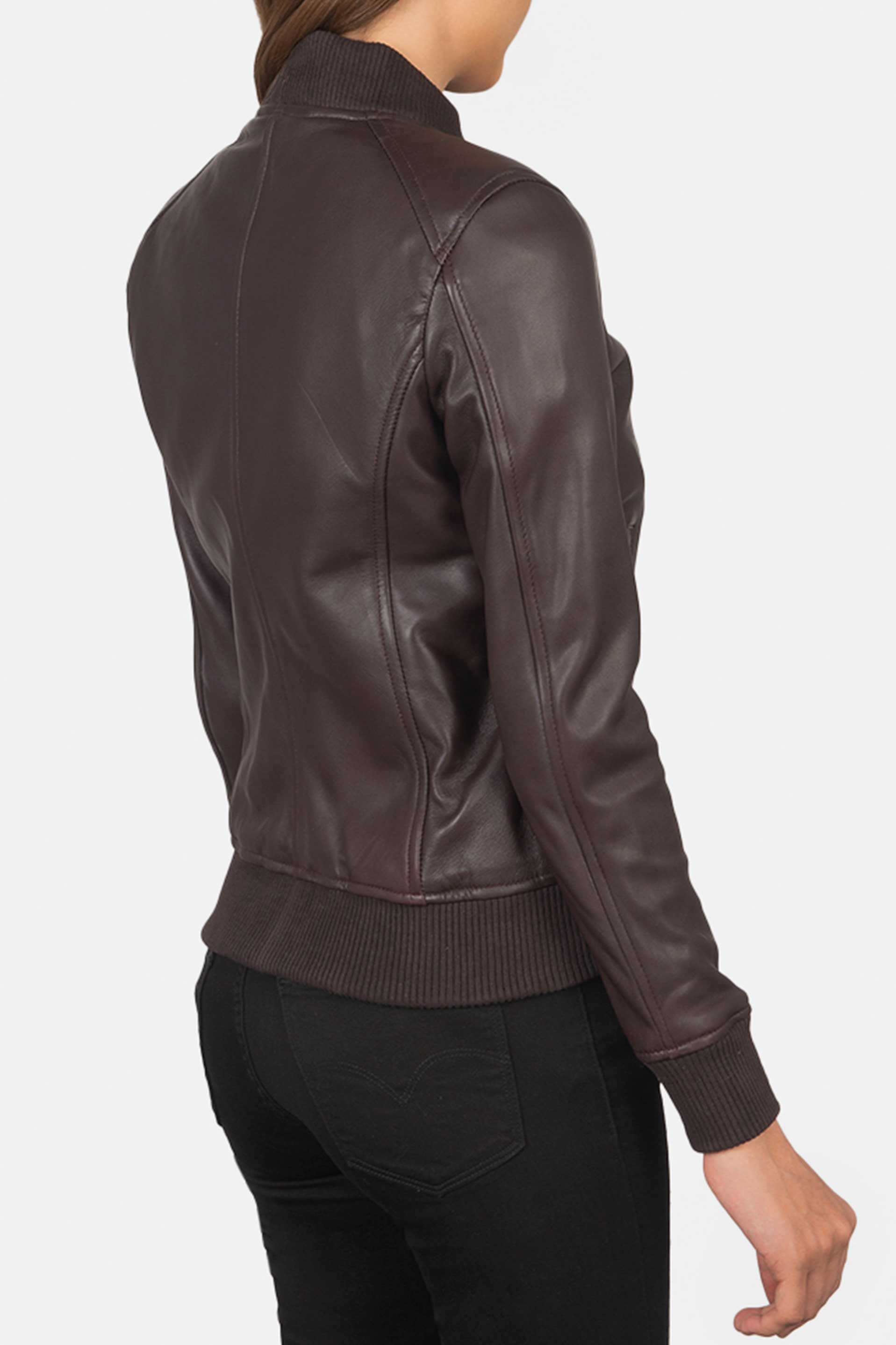 Bliss Brownish Maroon Leather Bomber Women Jacket